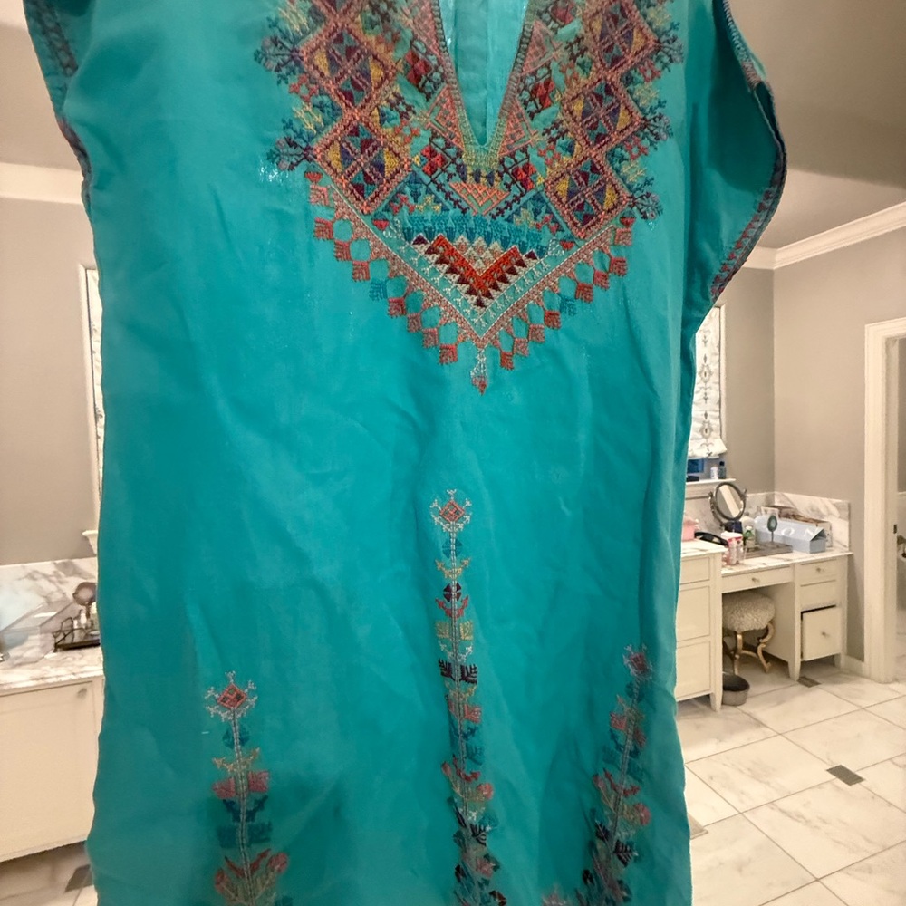 Johnny Was Turquoise Lonen Embroidered Split-Neck Tunic - Picture 3 of 4